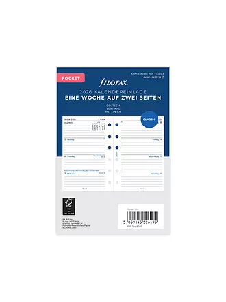 FILOFAX | Recambio de calendario Pocket Semana 2026 Alemán | 